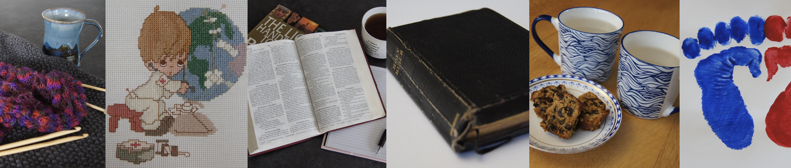 Photo montage of knitting, tea cup, an embroidery of a world globe, a Bible, coffee and cake, footprints